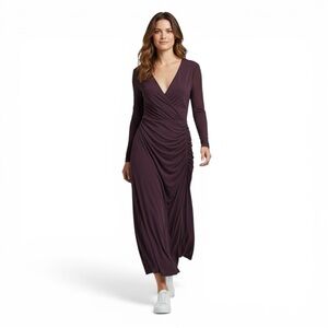 Wyeth Black Draped Wrap Midi Dress Rayon Spandex Long Sleeve Deep V Neck